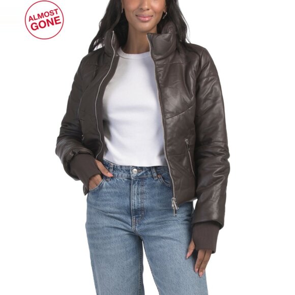WALTER BAKER mocha Leather Edwina Puffer Jacket